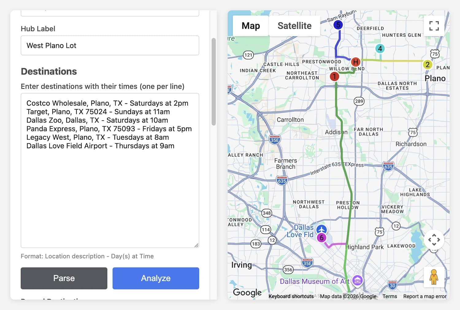 Drive Time Analyzer showing a West Plano hub with six color-coded routes radiating across the DFW metro