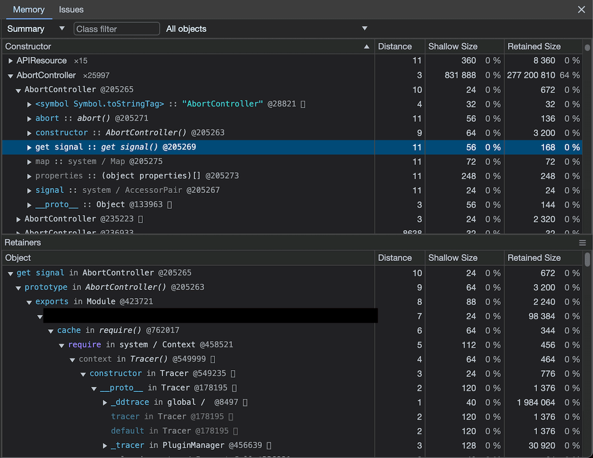 screenshot of the heap snapshot retaining abort controllers