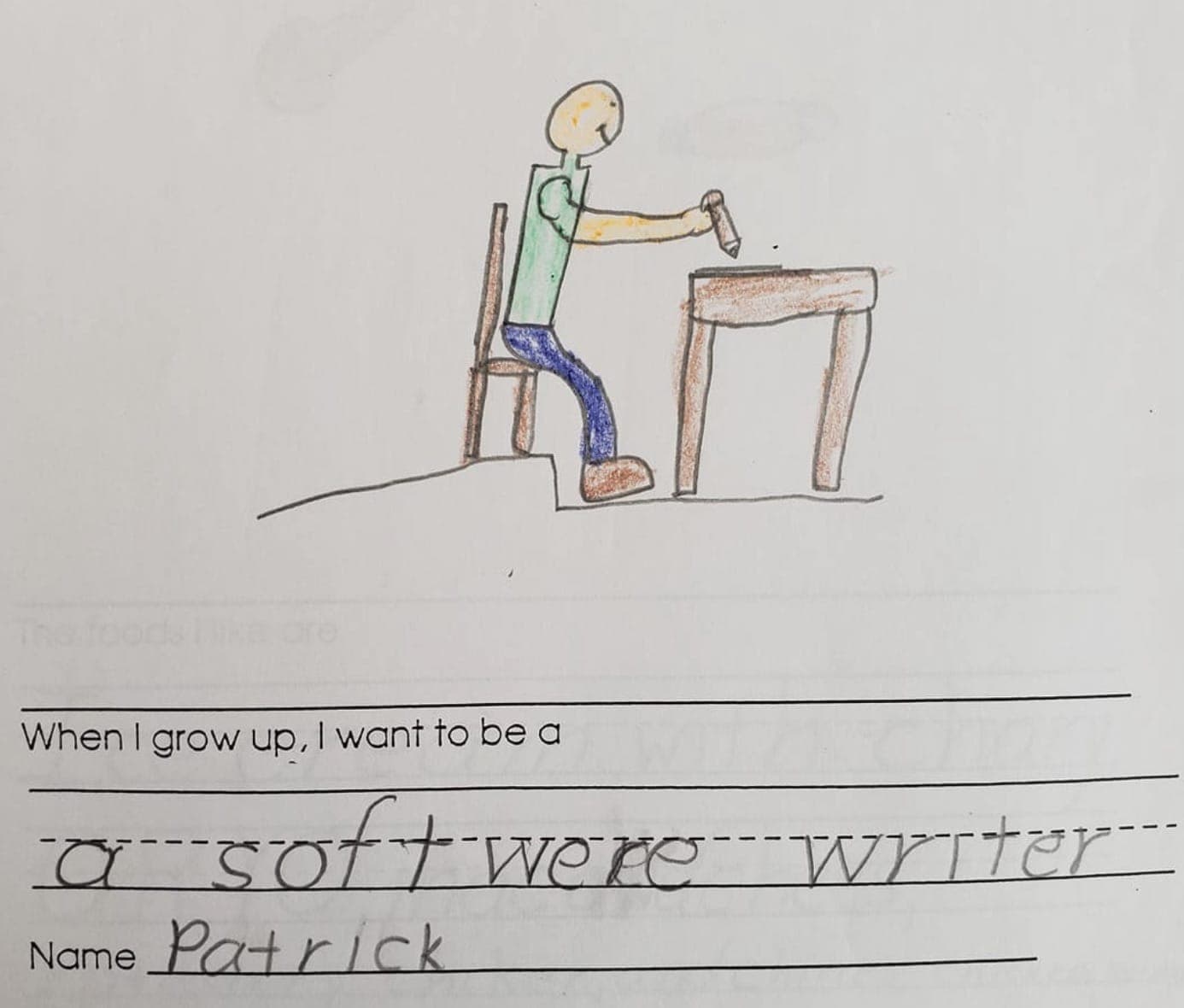 child's drawing of a person at a desk with the caption "When I grow up I want to be a softwere writer"