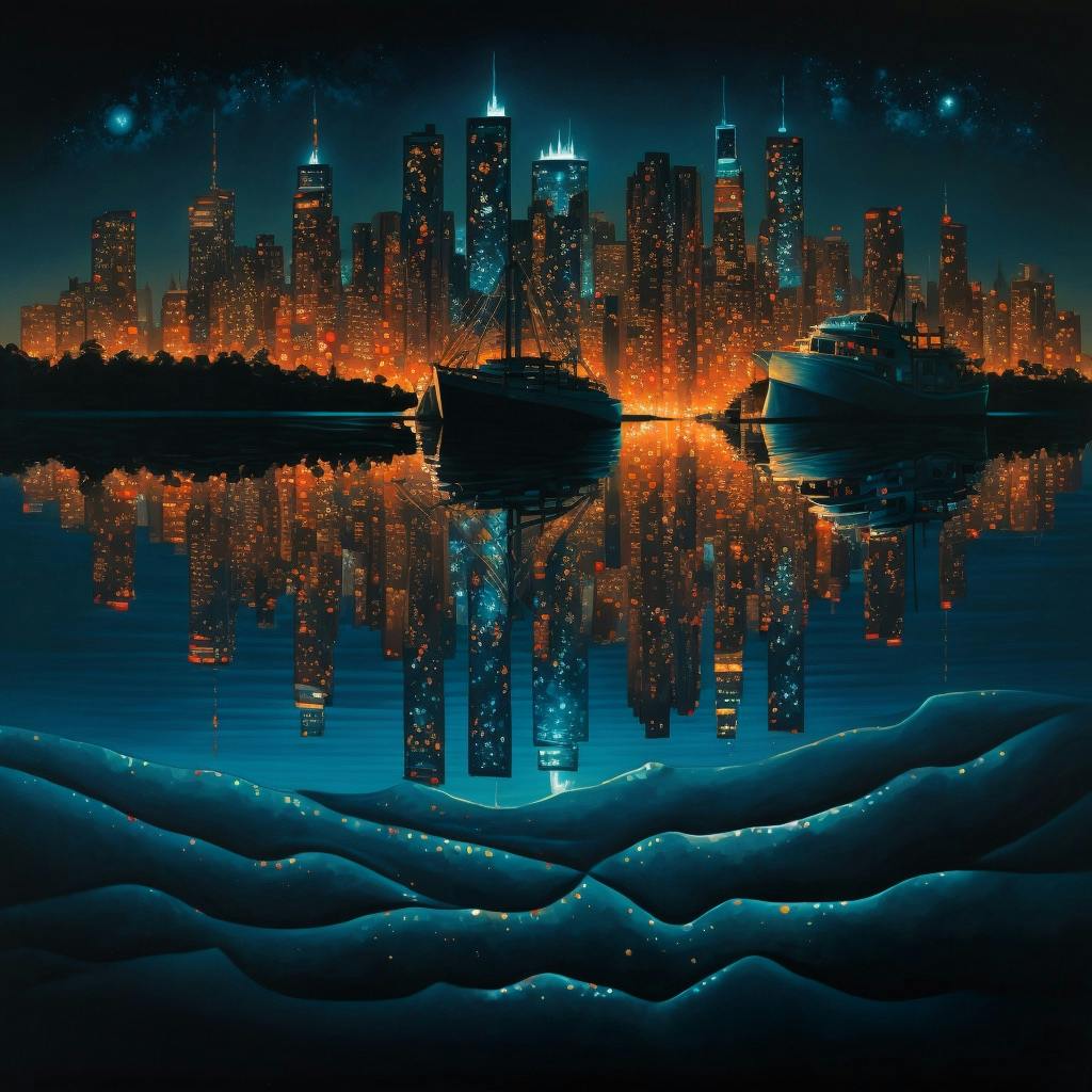 An artistic painting of a harbor city skyline.